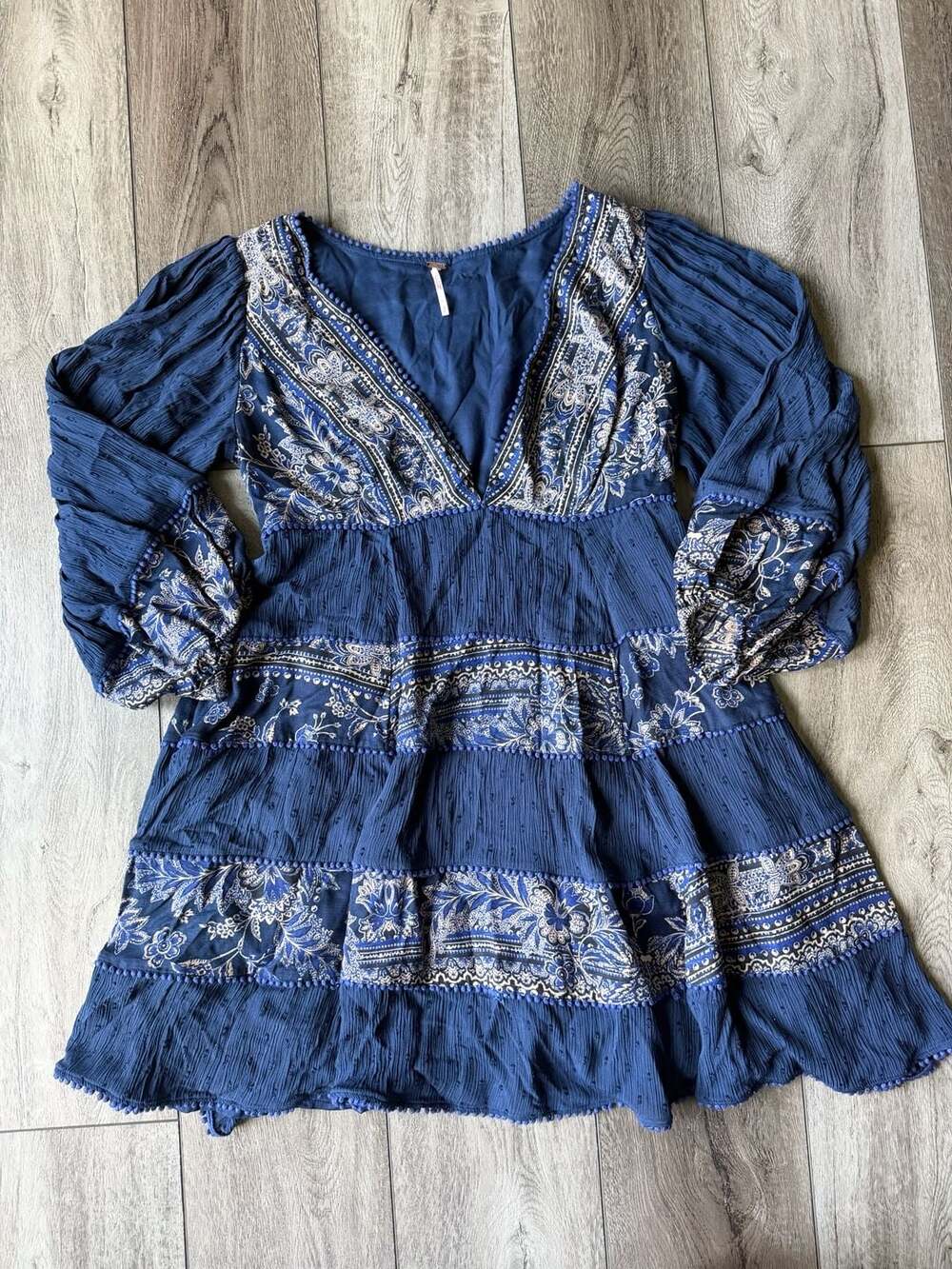 Free People My Love Peasant Boho Dress Indigo Blue Embroidered Paisley S
